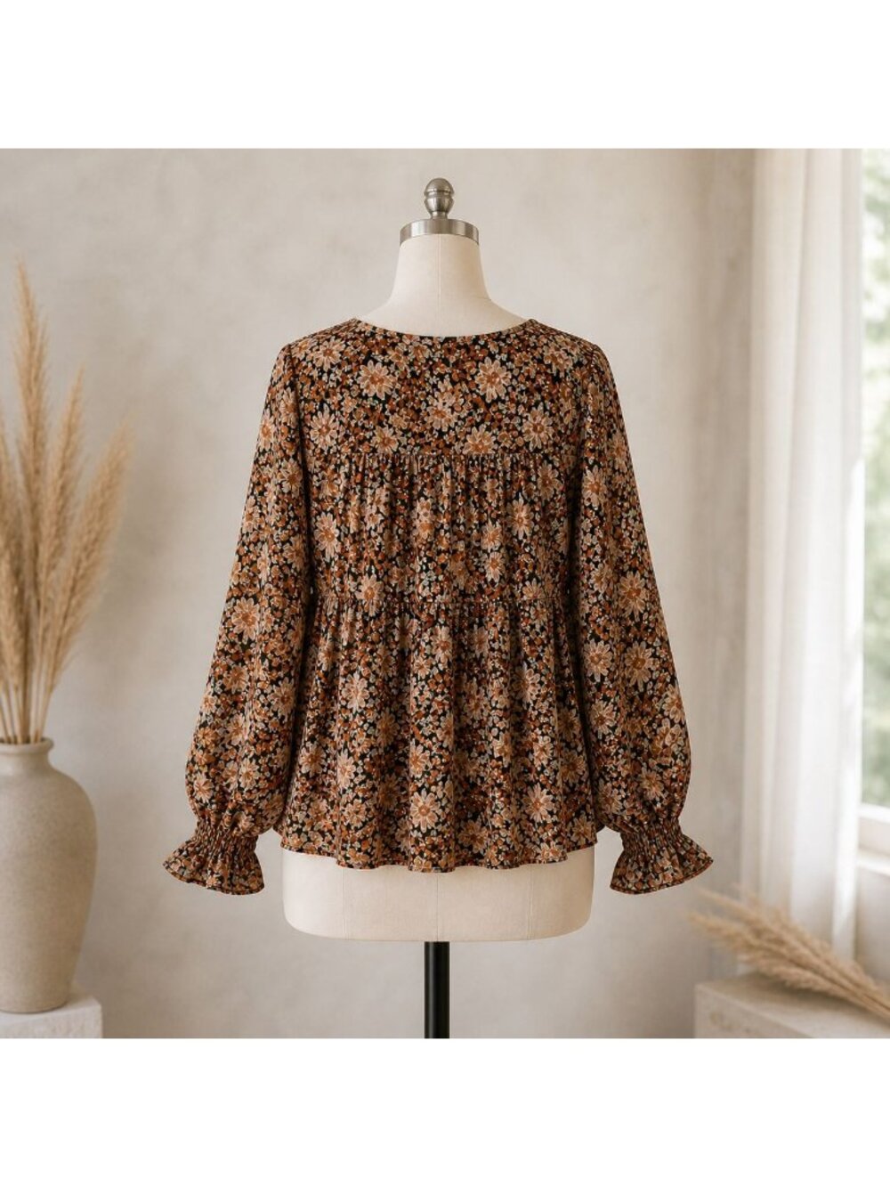 Blu Pepper Floral Peplum Blouse Size M Boho Long Sleeve Tie Front Sheer Top - Picture 2 of 16